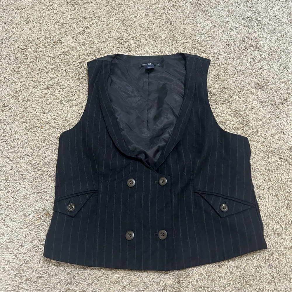 Y2K Gap V-Neck Pinstripe Vest Black Lined Wool Buttons Women's Medium Wool Blend